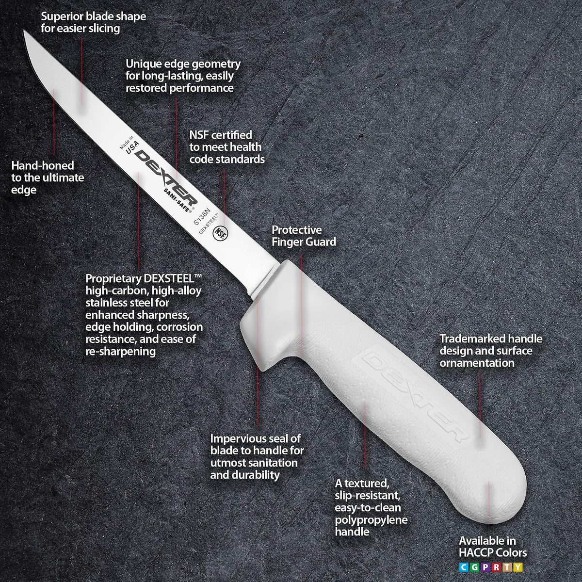 Dexter-Russell 6" Narrow, Stiff Boning Knife, S136N-PCP, SANI-SAFE Series