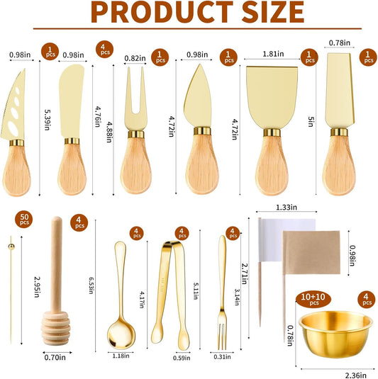 49Pcs Gold Charcuterie Boards Accessories Mini Charcuterie Utensils Cheese Butter Spreader Knives Stainless Steel Cutlery Tongs Spoons Forks Bowls Wooden Toothpicks for Kitchen Wedding Christmas Gift