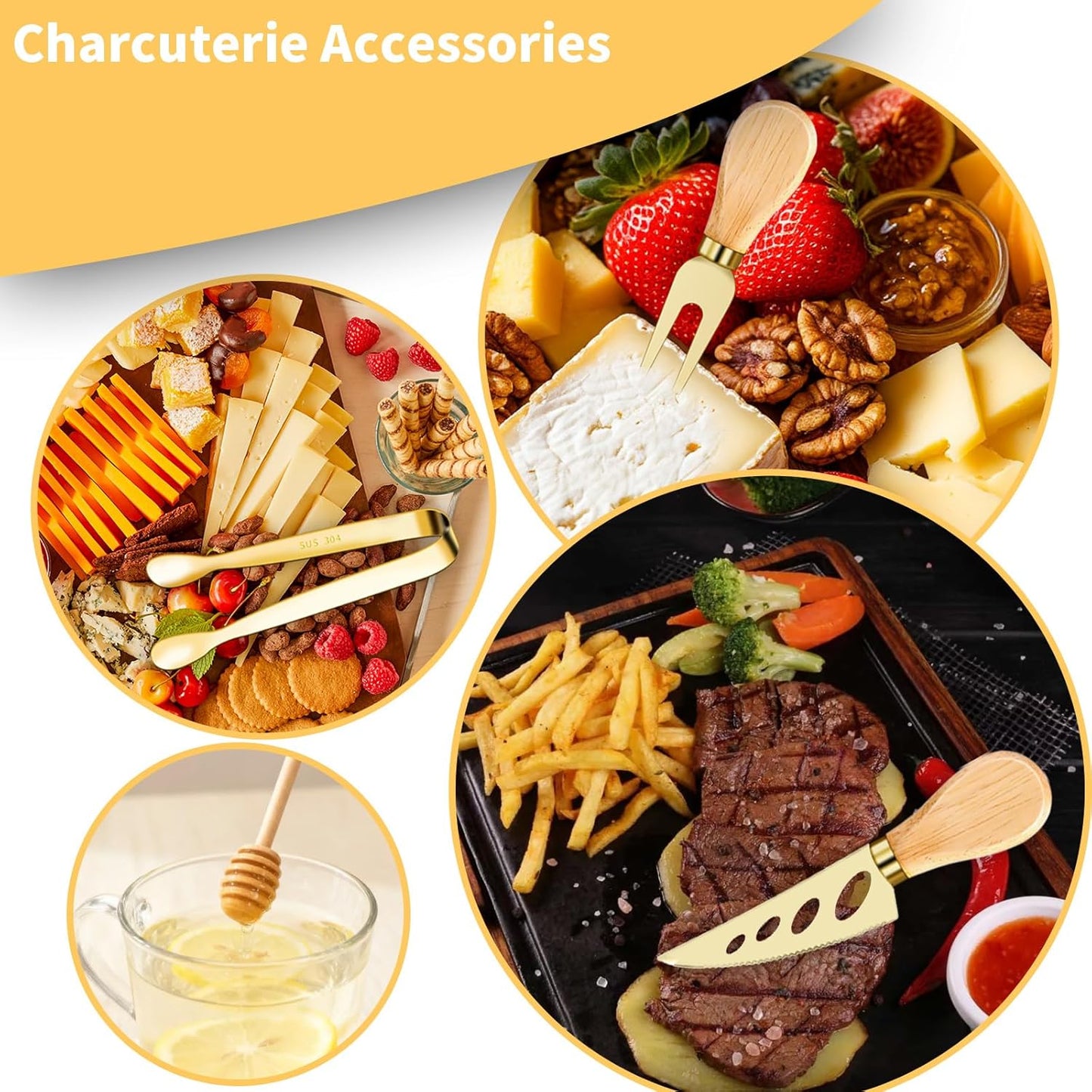 49Pcs Gold Charcuterie Boards Accessories Mini Charcuterie Utensils Cheese Butter Spreader Knives Stainless Steel Cutlery Tongs Spoons Forks Bowls Wooden Toothpicks for Kitchen Wedding Christmas Gift