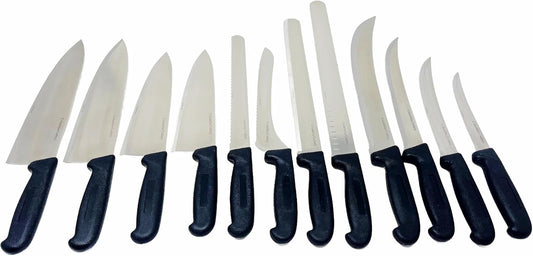 Columbia Cutlery 12 Piece Knife Set for Commercial Kitchens - Assorted Chef, Bread, Slicer, Boning, Butcher, Cimiters - Professional Restaurant Knives, Black