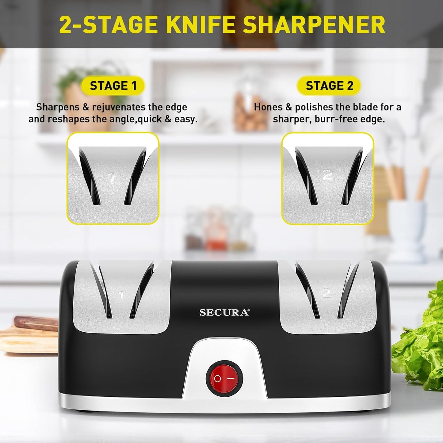2-Stage Electric Knife Sharpener with Diamond Abrasives and Precision Angle Guides, Professional Sharpening Tool for Kitchen Straight Edge and Ceramic Knife, Black