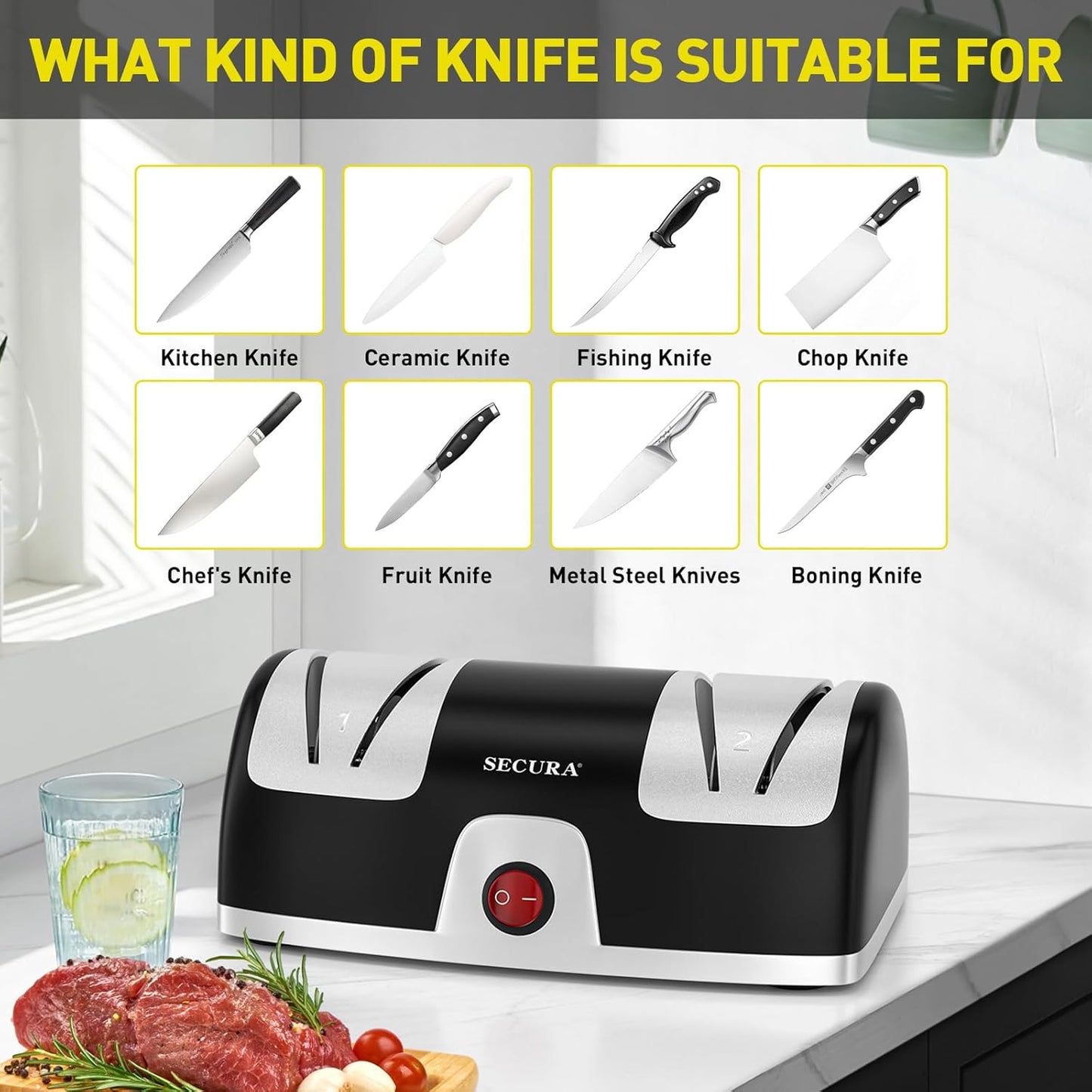 2-Stage Electric Knife Sharpener with Diamond Abrasives and Precision Angle Guides, Professional Sharpening Tool for Kitchen Straight Edge and Ceramic Knife, Black
