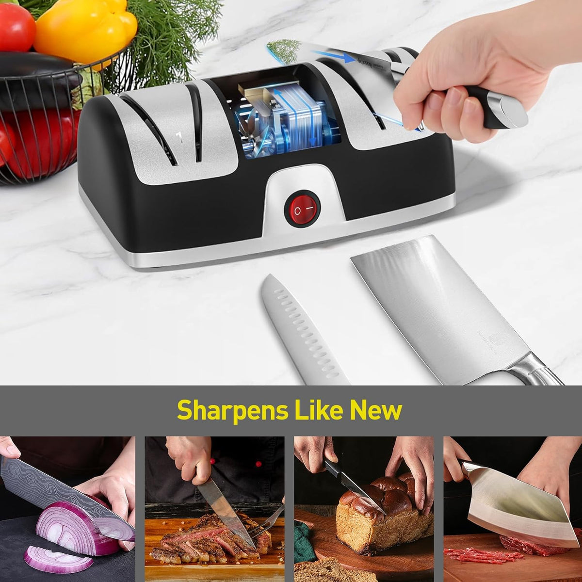 2-Stage Electric Knife Sharpener with Diamond Abrasives and Precision Angle Guides, Professional Sharpening Tool for Kitchen Straight Edge and Ceramic Knife, Black