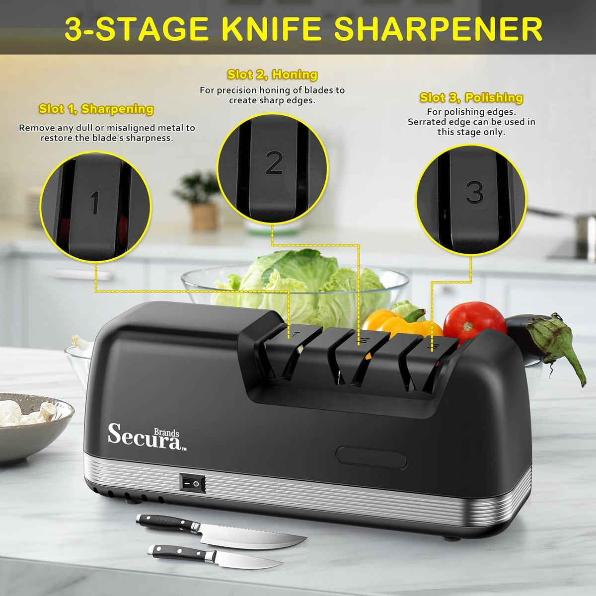 2-Stage Electric Knife Sharpener with Diamond Abrasives and Precision Angle Guides, Professional Sharpening Tool for Kitchen Straight Edge and Ceramic Knife, Black
