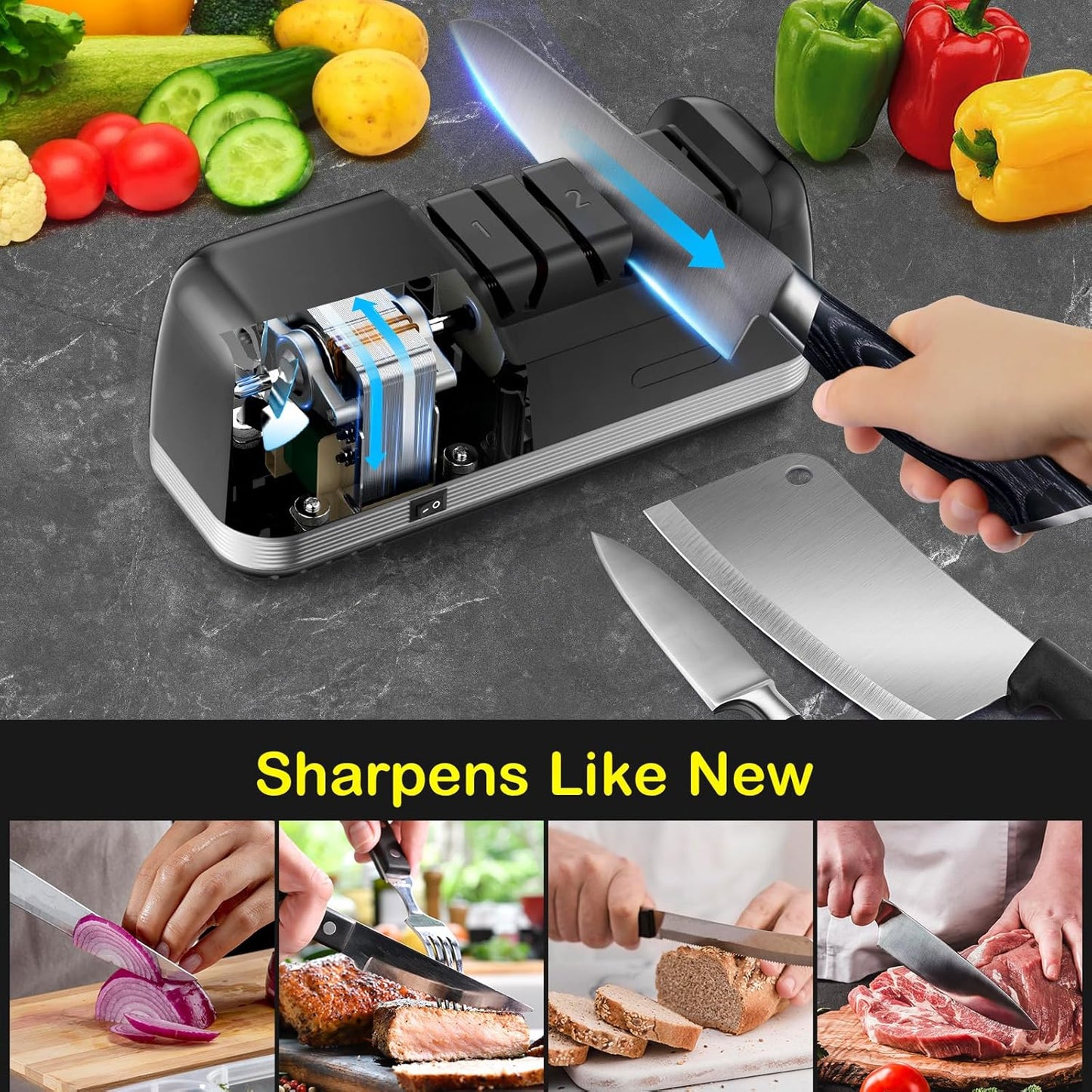 2-Stage Electric Knife Sharpener with Diamond Abrasives and Precision Angle Guides, Professional Sharpening Tool for Kitchen Straight Edge and Ceramic Knife, Black