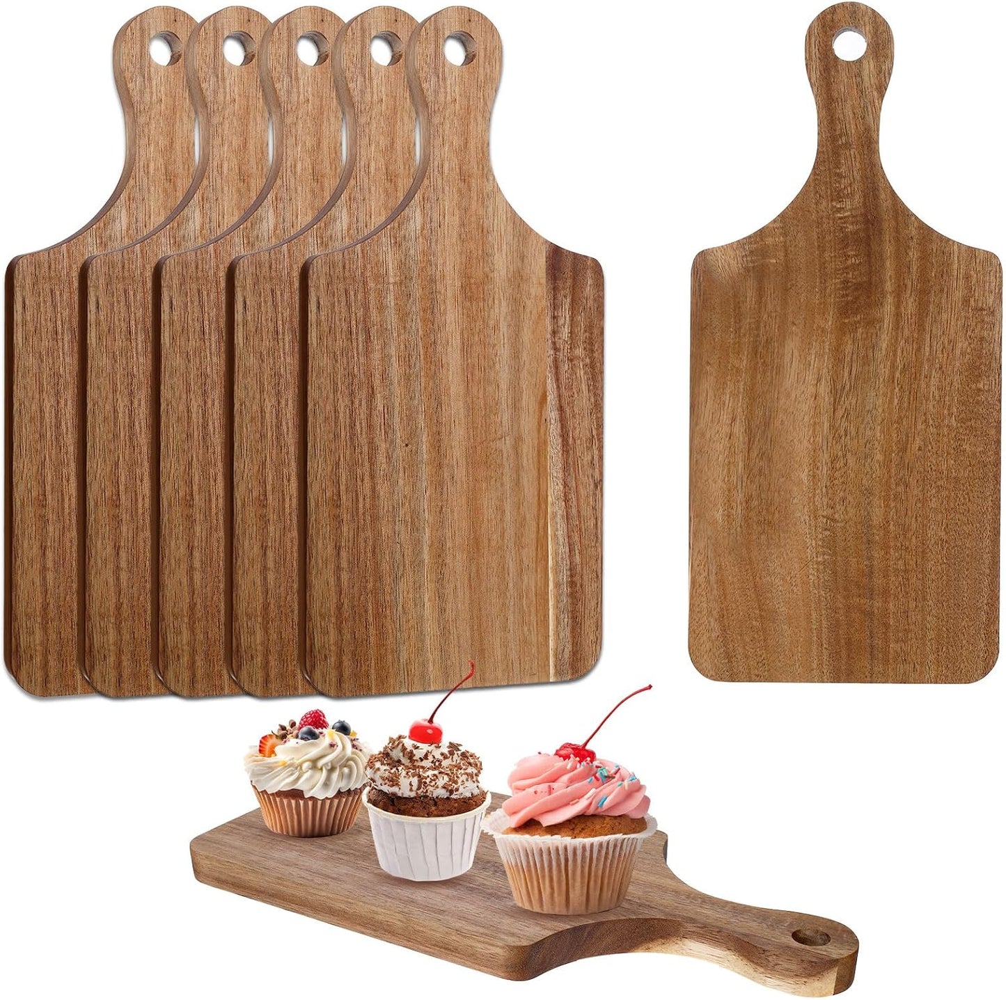 6 Pcs Acacia Wood Cutting Board with Handle, Small Wooden Cutting Board Chopping Reversible Charcuterie Serving Tray for Laser Engraving Blank Boards Kitchen Cooking Housewarming Gifts, 11.0 x 5.0 In
