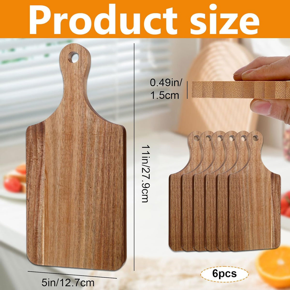 6 Pcs Acacia Wood Cutting Board with Handle, Small Wooden Cutting Board Chopping Reversible Charcuterie Serving Tray for Laser Engraving Blank Boards Kitchen Cooking Housewarming Gifts, 11.0 x 5.0 In