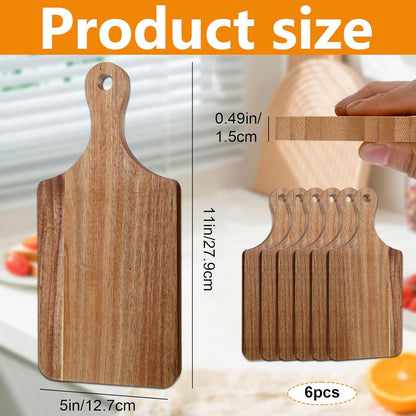 6 Pcs Acacia Wood Cutting Board with Handle, Small Wooden Cutting Board Chopping Reversible Charcuterie Serving Tray for Laser Engraving Blank Boards Kitchen Cooking Housewarming Gifts, 11.0 x 5.0 In