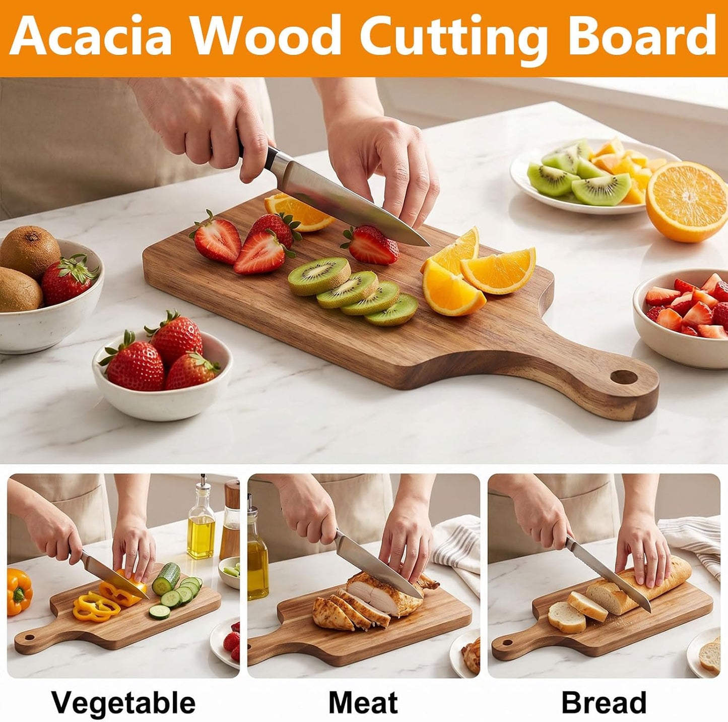 6 Pcs Acacia Wood Cutting Board with Handle, Small Wooden Cutting Board Chopping Reversible Charcuterie Serving Tray for Laser Engraving Blank Boards Kitchen Cooking Housewarming Gifts, 11.0 x 5.0 In