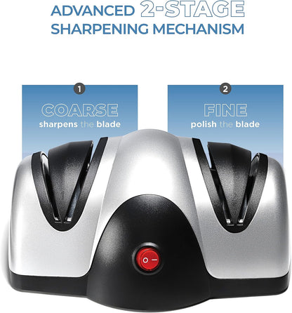 Electric Kitchen Knife Sharpener - 2 Stage Knife Sharpener with Sapphirite Wheels - Repair, Restore, Polish Blades, Cutters - Black