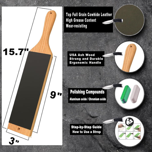 Leather Strop with Polishing Compound, Knife Stropping Kit for Sharpening & Honing Knives Tools