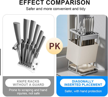 Knife Block with Drain Tray, Knife Holder without Knives, Kitchen Storage Knife Rack Decoration, Slanted Knife Stand, Countertop Knife Storage, Carbon Steel Cutlery Display Organizer (Silver,C)