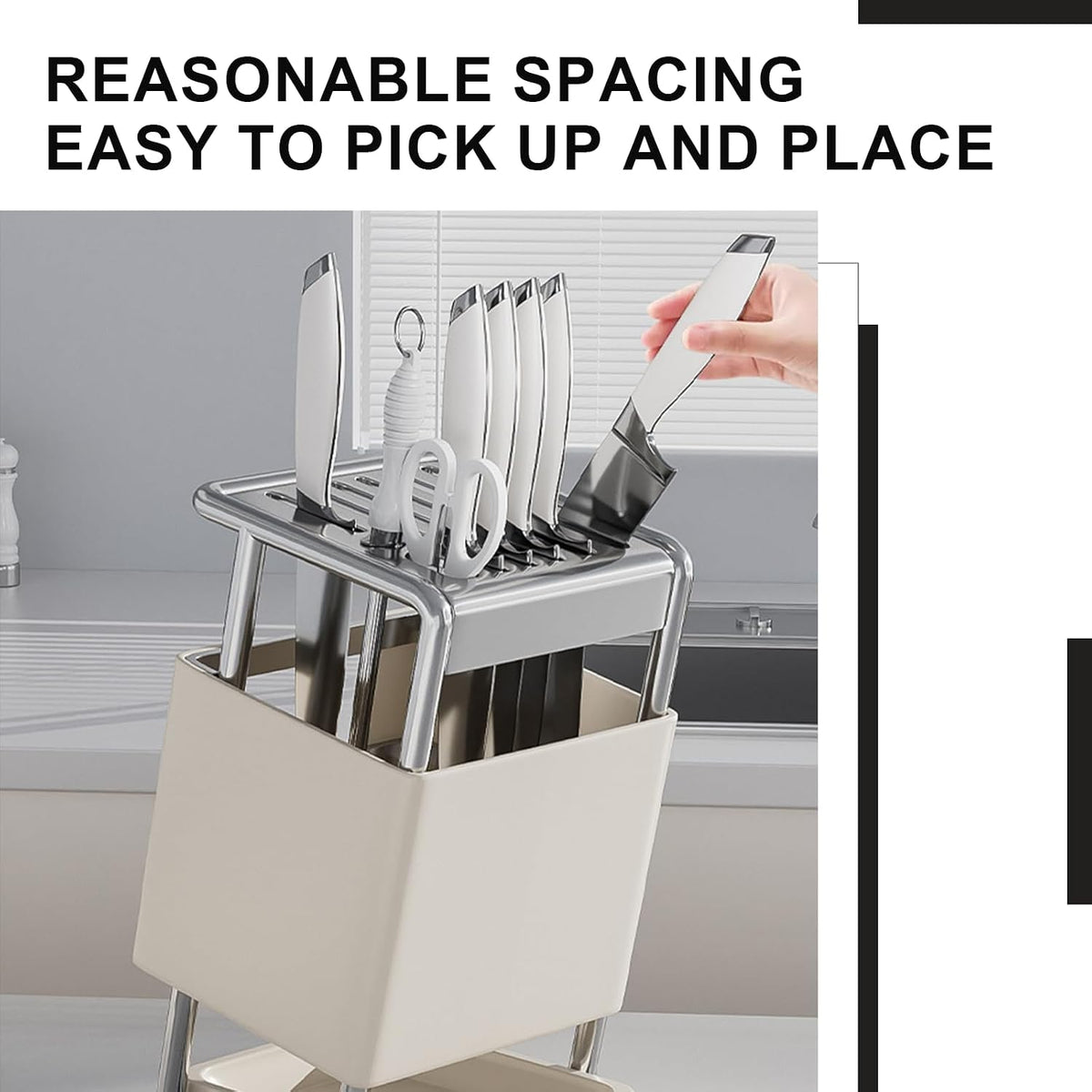 Knife Block with Drain Tray, Knife Holder without Knives, Kitchen Storage Knife Rack Decoration, Slanted Knife Stand, Countertop Knife Storage, Carbon Steel Cutlery Display Organizer (Silver,C)