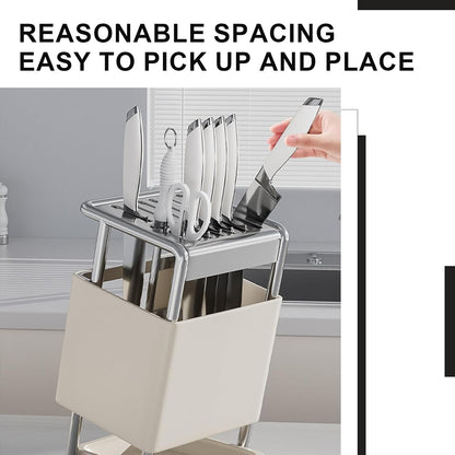 Knife Block with Drain Tray, Knife Holder without Knives, Kitchen Storage Knife Rack Decoration, Slanted Knife Stand, Countertop Knife Storage, Carbon Steel Cutlery Display Organizer (Silver,C)