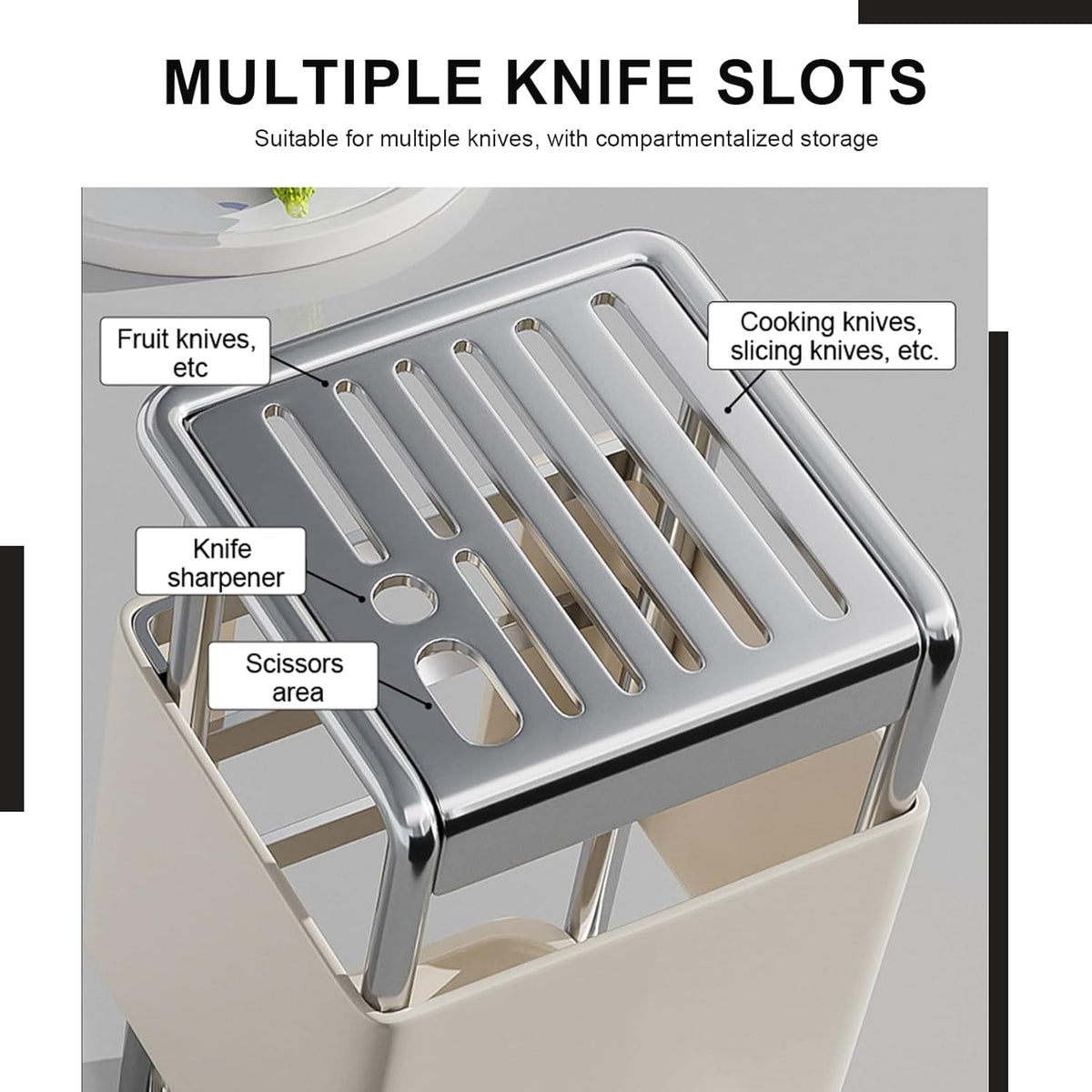 Knife Block with Drain Tray, Knife Holder without Knives, Kitchen Storage Knife Rack Decoration, Slanted Knife Stand, Countertop Knife Storage, Carbon Steel Cutlery Display Organizer (Silver,C)