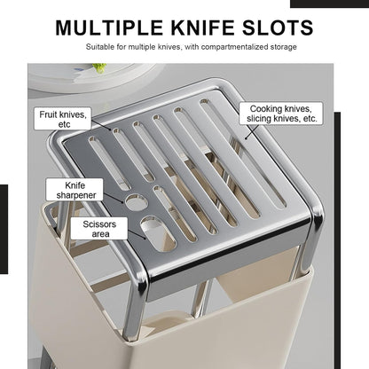 Knife Block with Drain Tray, Knife Holder without Knives, Kitchen Storage Knife Rack Decoration, Slanted Knife Stand, Countertop Knife Storage, Carbon Steel Cutlery Display Organizer (Silver,C)