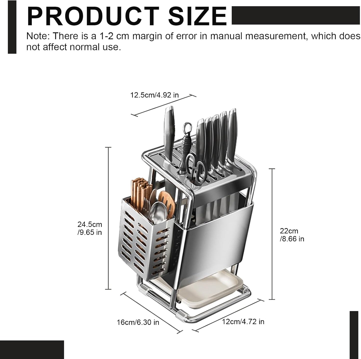 Knife Block with Drain Tray, Knife Holder without Knives, Kitchen Storage Knife Rack Decoration, Slanted Knife Stand, Countertop Knife Storage, Carbon Steel Cutlery Display Organizer (Silver,C)