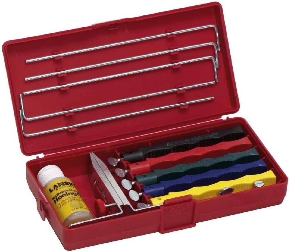Deluxe 5-Stone Controlled-Angle Precision Knife Sharpening System w/ Honing Oil & Storage Case – LKCLX | Five Hones, Multi-Angle Clamp, Guide Rods, Honing Oil and Storage Case