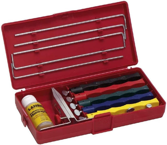 Deluxe 5-Stone Controlled-Angle Precision Knife Sharpening System w/ Honing Oil & Storage Case – LKCLX | Five Hones, Multi-Angle Clamp, Guide Rods, Honing Oil and Storage Case