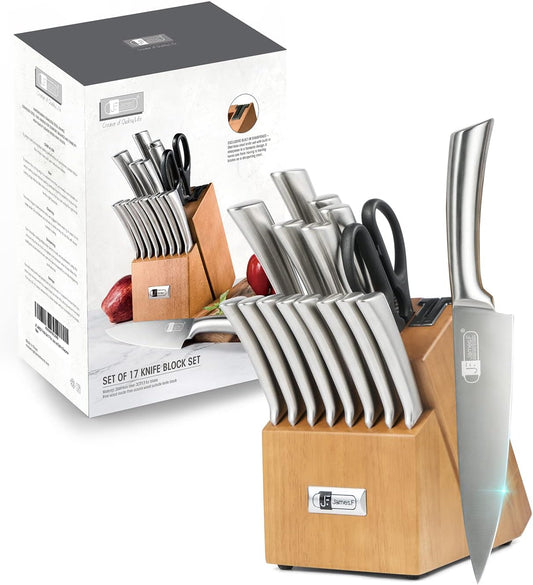 Knife Set, 17 Piece Dishwasher Safe Kitchen Knife Set with Block Super Sharp Stainless Steel Knife Sets for Kitchen with Block, Scissors & Built-in Sharpener
