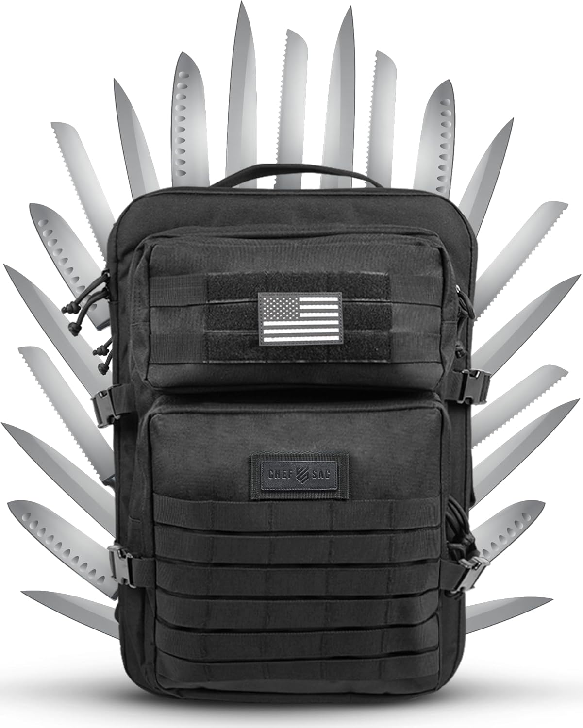 Chef Knife Bag Tactical Backpack XL, 30+ Pocket Knife Carrying Case for Chefs and Culinary Tools, Patented Retention Panels with Hook-and-Loop System, YKK Zippers, Fits 12in Knives