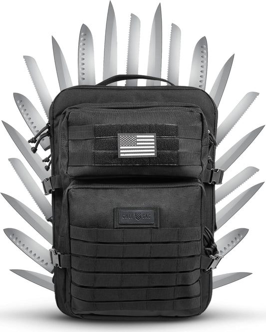 Chef Knife Bag Tactical Backpack XL, 30+ Pocket Knife Carrying Case for Chefs and Culinary Tools, Patented Retention Panels with Hook-and-Loop System, YKK Zippers, Fits 12in Knives