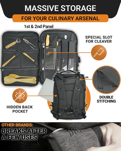 Chef Knife Bag Tactical Backpack XL, 30+ Pocket Knife Carrying Case for Chefs and Culinary Tools, Patented Retention Panels with Hook-and-Loop System, YKK Zippers, Fits 12in Knives