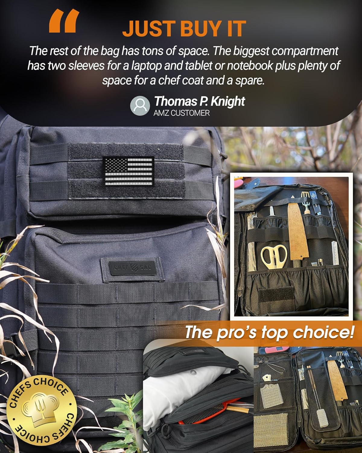 Chef Knife Bag Tactical Backpack XL, 30+ Pocket Knife Carrying Case for Chefs and Culinary Tools, Patented Retention Panels with Hook-and-Loop System, YKK Zippers, Fits 12in Knives