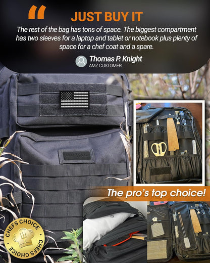 Chef Knife Bag Tactical Backpack XL, 30+ Pocket Knife Carrying Case for Chefs and Culinary Tools, Patented Retention Panels with Hook-and-Loop System, YKK Zippers, Fits 12in Knives