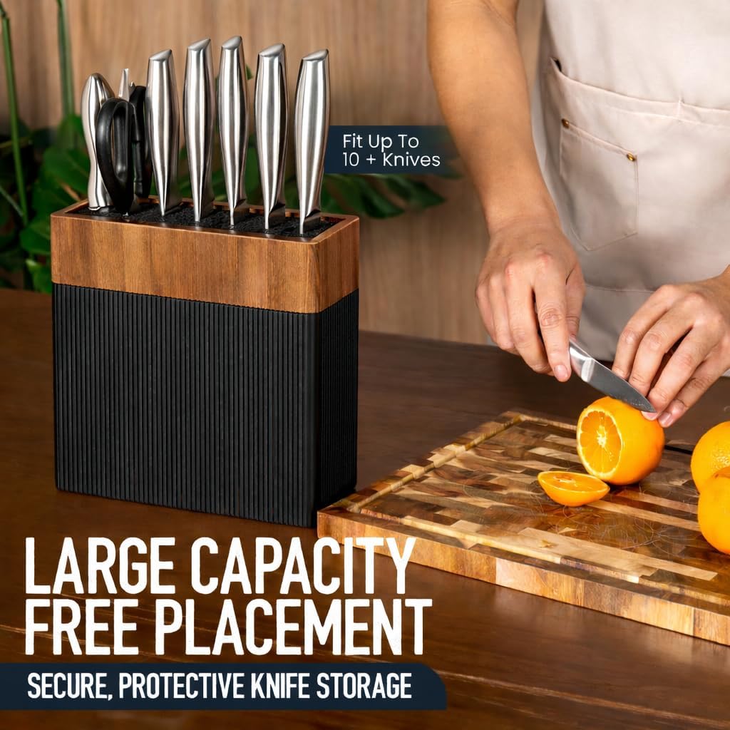 Modern Universal Knife Block Without Knives – Acacia Wood Knife Holder Stand with Bristles for Easy Knife Organization & Storage for Kitchen Counter | Cutlery Display