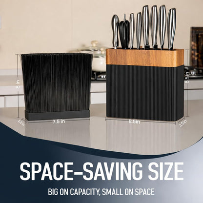 Modern Universal Knife Block Without Knives – Acacia Wood Knife Holder Stand with Bristles for Easy Knife Organization & Storage for Kitchen Counter | Cutlery Display