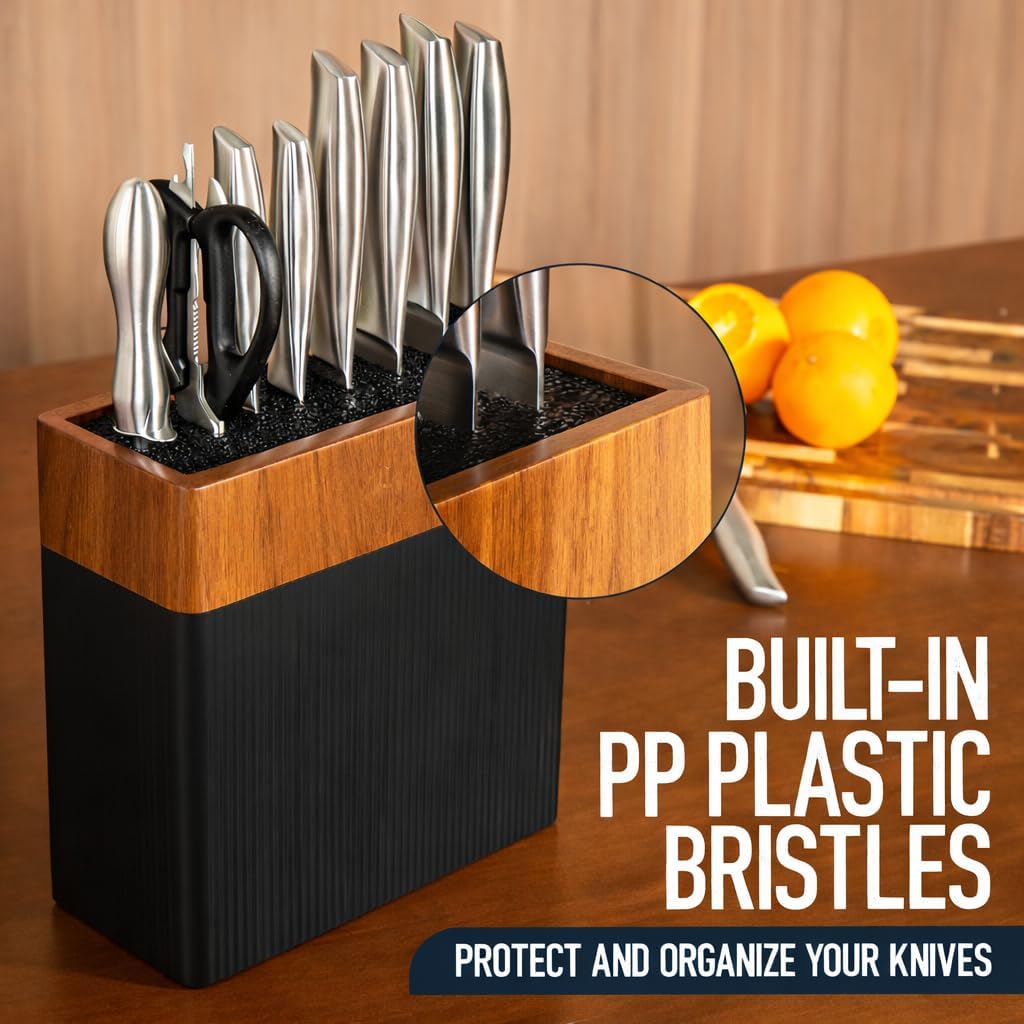 Modern Universal Knife Block Without Knives – Acacia Wood Knife Holder Stand with Bristles for Easy Knife Organization & Storage for Kitchen Counter | Cutlery Display