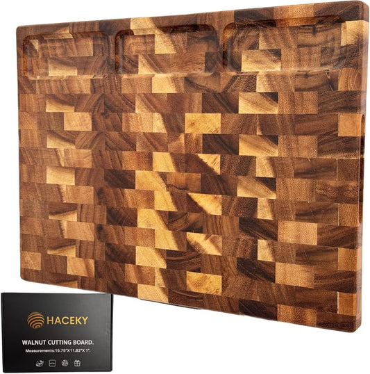 End Grain Walnut Wood Cutting Board with Juice Groove - 16x12 Kitchen Butcher Block with Compartments - Reversible Charcuterie Board for Meat and Cheese - Gift Box Included