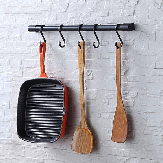 Kitchen Utensil Rack with Removable S Hook for Hanging Pots and Pans, Rod Hooks for Mugs, Wall Mounted Kitchen Rail Organizer, Aluminum,(Black-5 Hooks)
