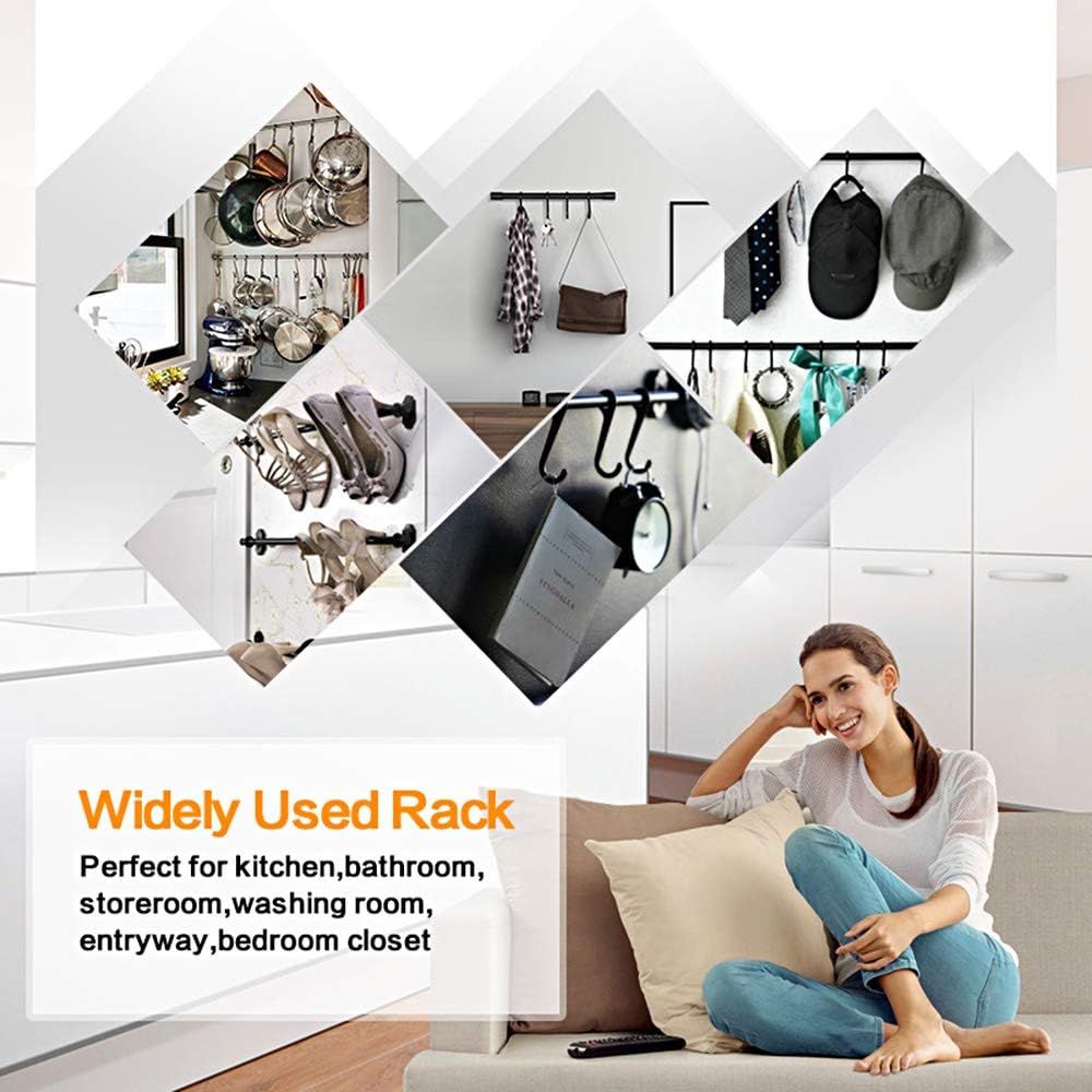 Kitchen Utensil Rack with Removable S Hook for Hanging Pots and Pans, Rod Hooks for Mugs, Wall Mounted Kitchen Rail Organizer, Aluminum,(Black-5 Hooks)
