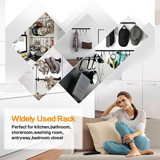 Kitchen Utensil Rack with Removable S Hook for Hanging Pots and Pans, Rod Hooks for Mugs, Wall Mounted Kitchen Rail Organizer, Aluminum,(Black-5 Hooks)