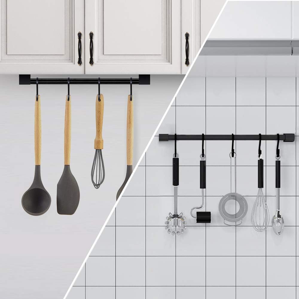 Kitchen Utensil Rack with Removable S Hook for Hanging Pots and Pans, Rod Hooks for Mugs, Wall Mounted Kitchen Rail Organizer, Aluminum,(Black-5 Hooks)