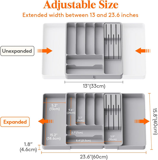 Silverware Organizer for Kitchen Drawers, Expandable Utensil Tray with Removable Knife Block, Adjustable Cutlery and Flatware Holder, Plastic Spoon Forks Holder Storage Divider, Gray