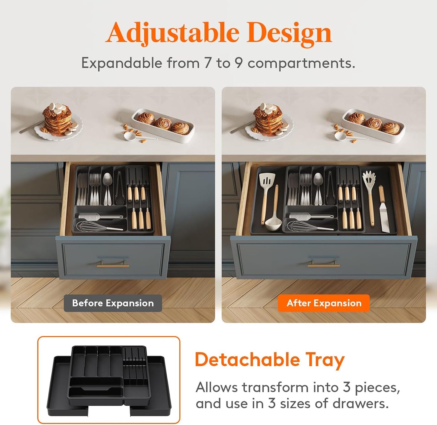 Silverware Organizer for Kitchen Drawers, Expandable Utensil Tray with Removable Knife Block, Adjustable Cutlery and Flatware Holder, Plastic Spoon Forks Holder Storage Divider, Gray