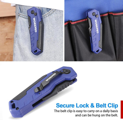 Folding Utility Knife, Quick Change Box Cutter, Blue | 13 Extra Blades Included, Blade Storage in Aluminum Handle, Razor Knife for Cartons, Cardboard, Boxes
