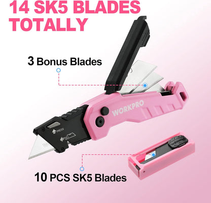 Folding Utility Knife, Quick Change Box Cutter, Blue | 13 Extra Blades Included, Blade Storage in Aluminum Handle, Razor Knife for Cartons, Cardboard, Boxes