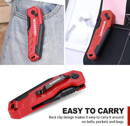 Folding Utility Knife, Quick Change Box Cutter, Blue | 13 Extra Blades Included, Blade Storage in Aluminum Handle, Razor Knife for Cartons, Cardboard, Boxes