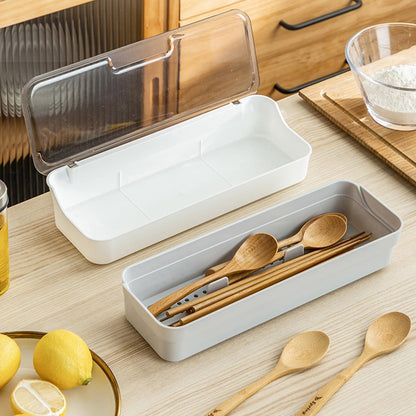 Large capacity Plastic Kitchen Drawer Organizer with Lid and Drainer Stackable Utensil Holder for Countertop Silverware Tray Flatware Organizers - 12.6x4.7x2.4 Inch Spatula Cutlery Tray