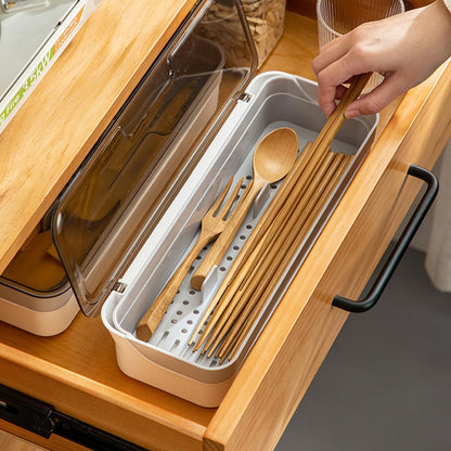 Large capacity Plastic Kitchen Drawer Organizer with Lid and Drainer Stackable Utensil Holder for Countertop Silverware Tray Flatware Organizers - 12.6x4.7x2.4 Inch Spatula Cutlery Tray
