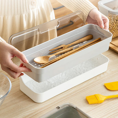 Large capacity Plastic Kitchen Drawer Organizer with Lid and Drainer Stackable Utensil Holder for Countertop Silverware Tray Flatware Organizers - 12.6x4.7x2.4 Inch Spatula Cutlery Tray