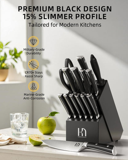 KnifeSaga 15-Pc Knife Block Set with Sharpener, Full-Tang, Razor-Sharp