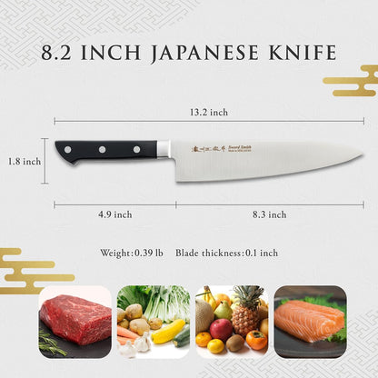 Chef Knife, 8.2 Inch Japanese knife, 濃州正宗作, Stainless steel, Black Handle, Kitchen knife, HOUCHO