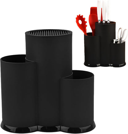 Knife Block Holder,Knife Set with Block, Plastic Round Knife Block Without Knives 3 in 1 Kitchen Knife Holder Space-Saving Knife Holder for Counter Top, Black