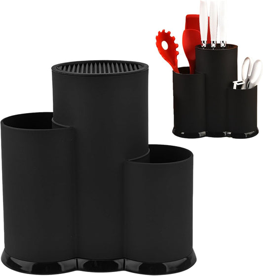 Knife Block Holder,Knife Set with Block, Plastic Round Knife Block Without Knives 3 in 1 Kitchen Knife Holder Space-Saving Knife Holder for Counter Top, Black