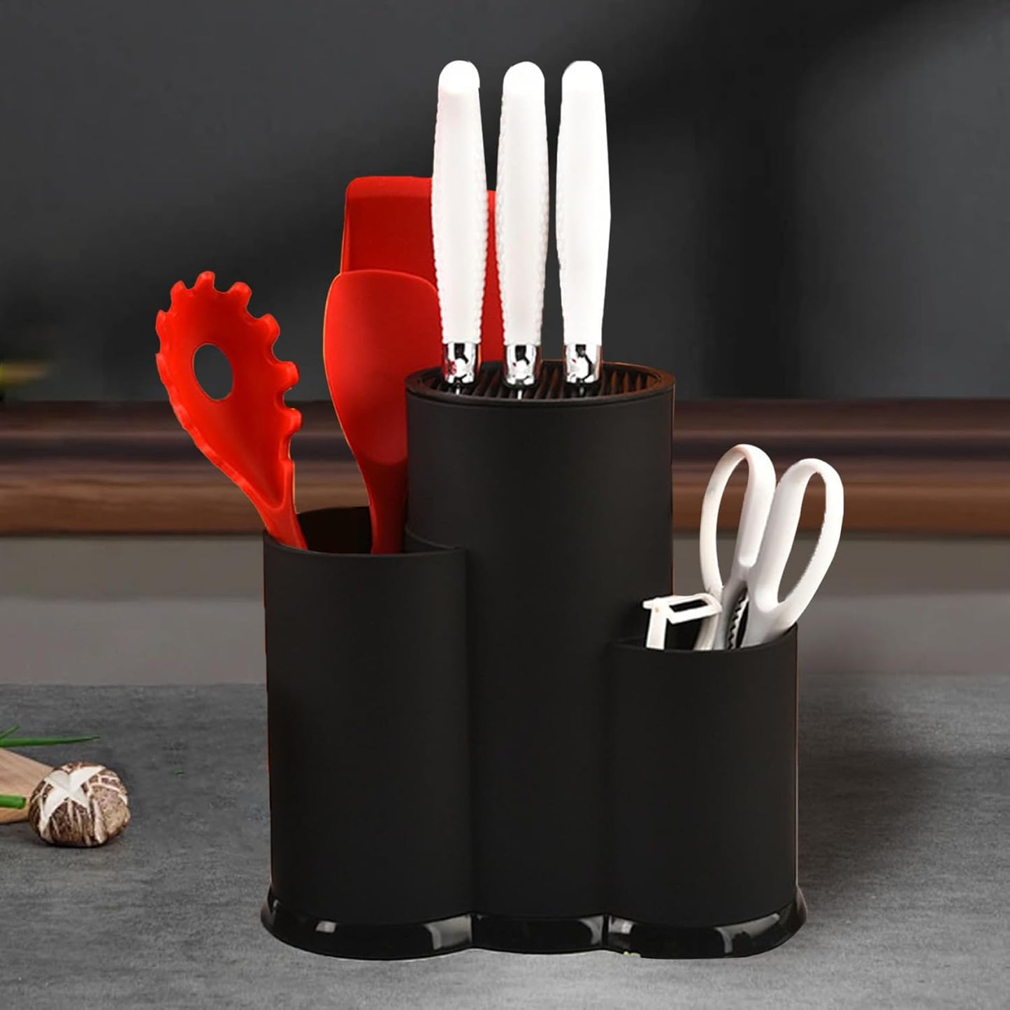 Knife Block Holder,Knife Set with Block, Plastic Round Knife Block Without Knives 3 in 1 Kitchen Knife Holder Space-Saving Knife Holder for Counter Top, Black